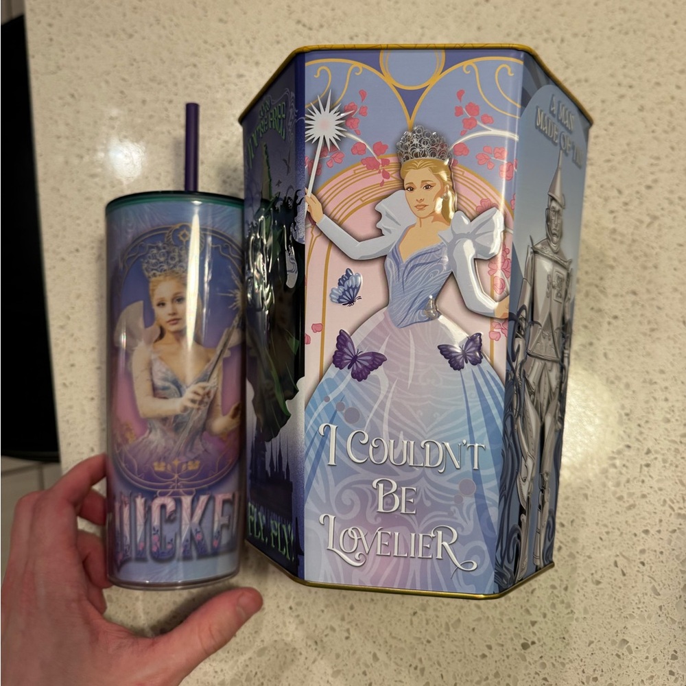 Wicked Official Hexagon Popcorn Bucket and Drink with Elphaba Glinda NEW